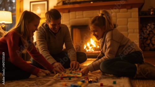 The family is sitting on the hardwood floor, sharing a fun board game event in front of the fireplace, enjoying the warmth and darkness. AIG41