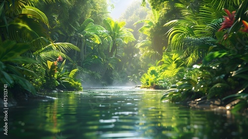 Lush Vibrant Jungle Landscape with Winding River and Colorful Flora and Fauna