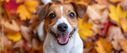A Dog In Autumn Leaves, A Flat Lay Of A Happy Jack Russell Terrier Playing Joyfully, HD