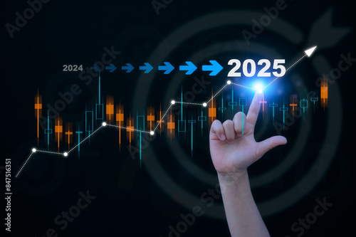 2025 business planning and strategy concept, girl Hand touching on bar status to change from 2024 to 2025 for countdown of merry Christmas and happy new year by technology concept, 2025 trend