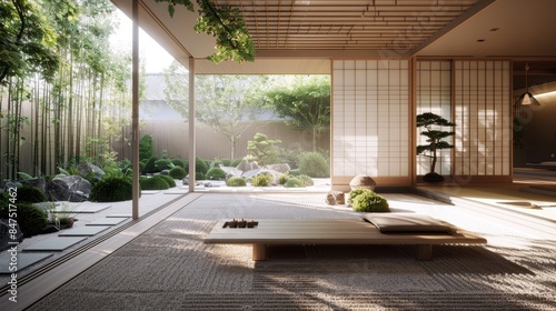 Traditional Japanese-inspired wellness studio, minimalist design, tatami mats, shoji screens, natural sunlight, indoor garden with bamboo and bonsai