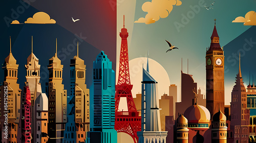 Background Illustration a collage of iconic landmarks