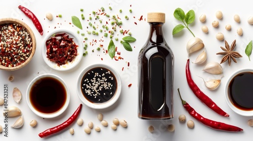 Top view of a Hoisin Sauce bottle, surrounded by ingredients like soybeans, garlic, and chili peppers, on a clean white background