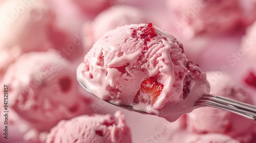 Spoonful of homemade strawberry ice cream from an ice cream maker, showing creamy consistency and strawberry chunks, isolated background, bright studio lighting