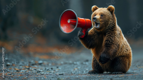 Bear with megaphone announces stock market downturn: Bear market alert.generative ai