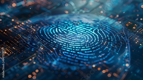 A blue and orange fingerprint is displayed on a computer screen. The image is a representation of a digital fingerprint, which is a unique identifier for a person