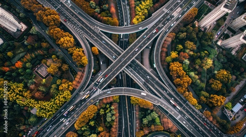 A complex highway interchange weaves through lush greenery in an aerial photograph displaying urban planning