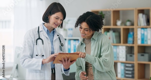 Hospital, tablet and doctor with woman for consulting, medical service and help in clinic. Healthcare, telehealth and person with patient on digital tech for diagnosis, online results and insurance