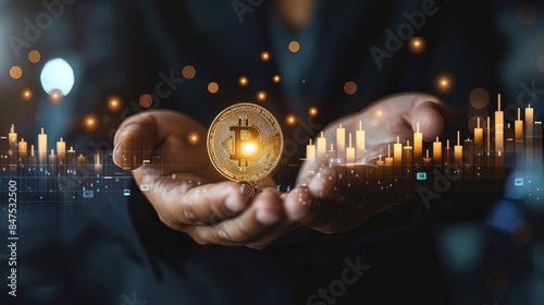 Closeup of hands holding a glowing Bitcoin cryptocurrency coin with a digital background.