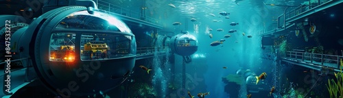 Futuristic underwater city with advanced structures, aquatic life, and submerged architecture, depicting an imaginative marine environment.