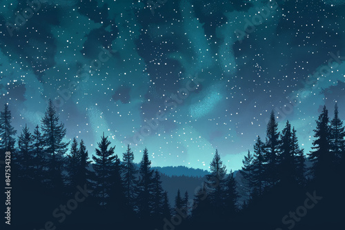 A dark sky with a few stars and a forest in the background