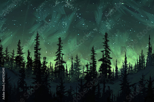 A painting of a forest with trees and stars in the sky
