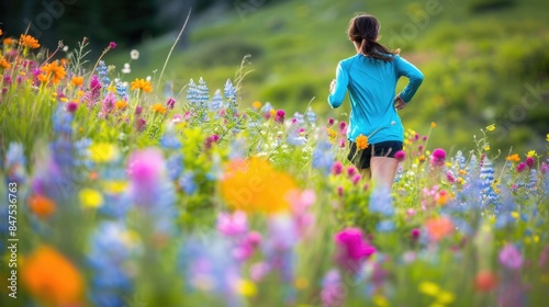 A female athlete in vibrant sportswear runs energetically through a field adorned with colorful wildflowers during a race. AIG41