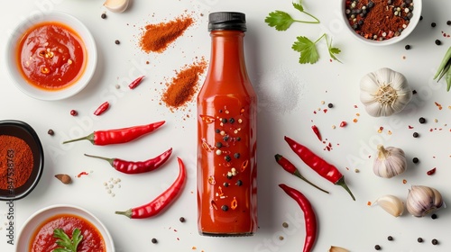 Sriracha sauce bottle with its ingredients: chili peppers, garlic, sugar, and salt, displayed in a circular pattern, top view, on a white background