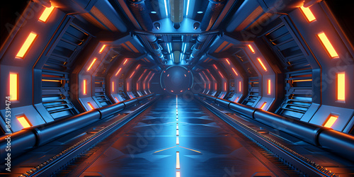  Futuristic neonlit corridor with 3D ing in the background, modern design concept, technology and innovation in architecture, Advanced Sci-fi Hallway or Corridor on an Advanced Spaceship or Space