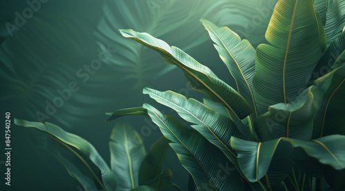 Lush Green Banana Leaves Against a Smooth Green Wall