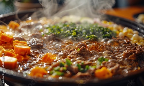 Close-up image of a steaming hotpot, rich colors and textures of fresh ingredients, the essence of warmth and flavor