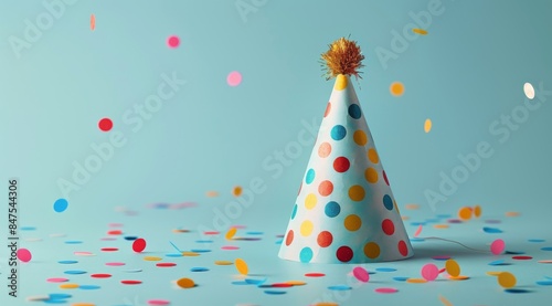 Colorful Party Hat With Confetti on Blue Background