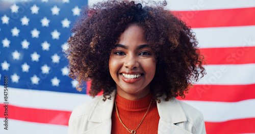 Black woman, portrait and american flag for independence day, pride and heritage in background. Culture, politics and patriotism in USA, freedom or representation in celebration for human rights