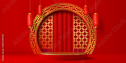 3D Chinese red podium stage with golden ornament arch and lanterns, vector background. Red luxury Chinese podium stage or oriental pedestal with red lanterns and golden pattern ornament in gold arch