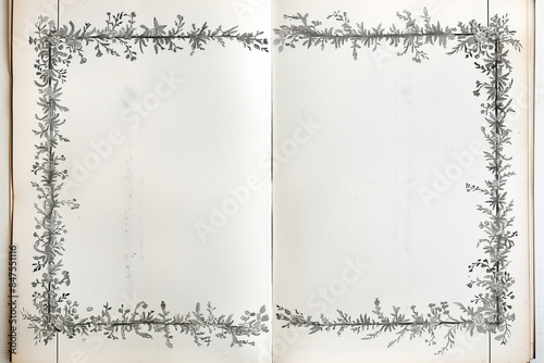 Open vintage book with empty pages framed by intricate black and white floral borders, perfect for customization or artistic projects. 