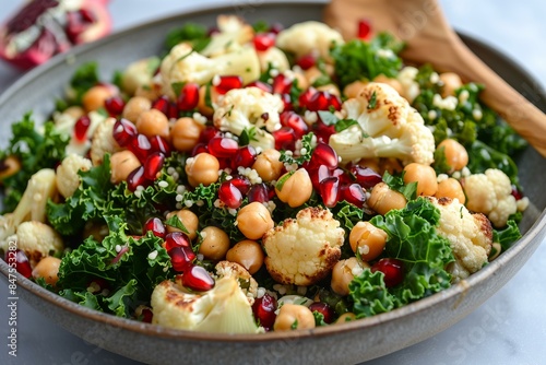 oasted cauliflower and kale salad with pomegranate seeds, chickpeas, and a drizzle of tahini dressing, served in a grey bowl with a wooden spoon