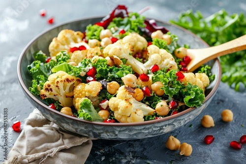 oasted cauliflower and kale salad with pomegranate seeds, chickpeas, and a drizzle of tahini dressing, served in a grey bowl with a wooden spoon