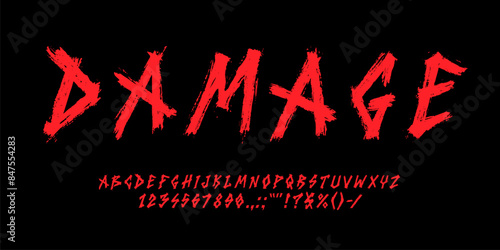 Rock n roll music font, graffiti type, grunge typeface, punk alphabet on black background, vector typography. Handwritten letters and digits of rock n roll font, red paint brush strokes english abc