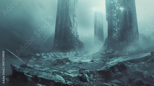 Mysterious frozen landscape with ancient towering structures shrouded in mist, creating a haunting and otherworldly atmosphere.