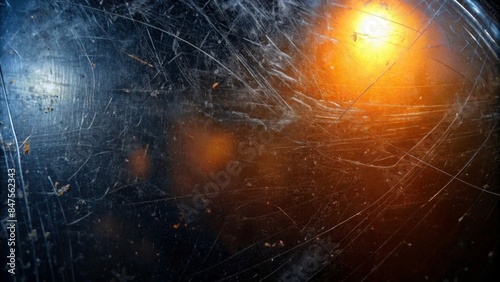 The image depicts a dark surface, likely metal or glass, with numerous visible scratches and scuffs. 