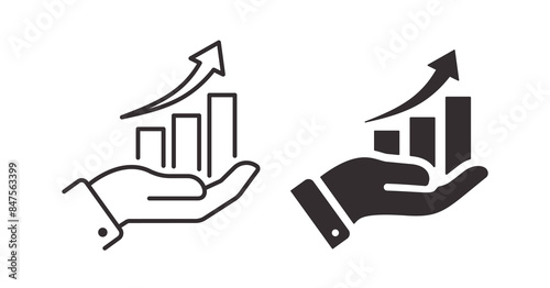 Graphic icon of a hand supporting a growth chart, symbolizing financial increase and management. Vector illustration.
