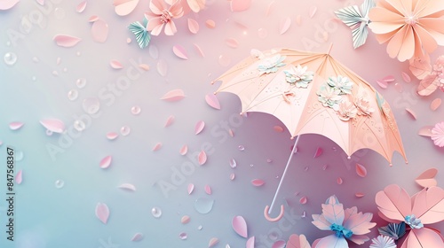 This endearing illustration portrays a whimsical umbrella adorned with intricate paper art details, set against a backdrop of soft pastel gradients, providing a delightful visual accent for
