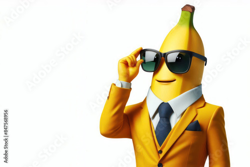 banana wearing formal business yellow suit and sun glasses Isolated on white background