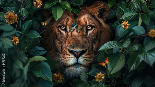 lion face surrounded green leaves, flowers and butterflies, dark background