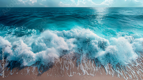 A vibrant seascape with waves crashing onto a sandy shore under a clear sky