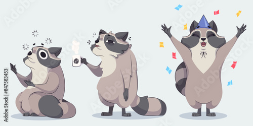 Cute racoon cartoon character. Funny vector raccoon illustration. Wild mascot pose with confetti for birthday celebrating. Comic sleepy and tired animal with coffee. Adorable emotion expression set