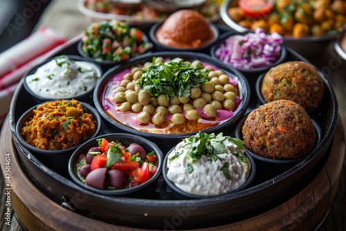 A vibrant and colorful falafel platter featuring an assortment of dips, including hummus, tzatziki, and spicy harissa, beautifully arranged on a plate with fresh vegetables and garnishes