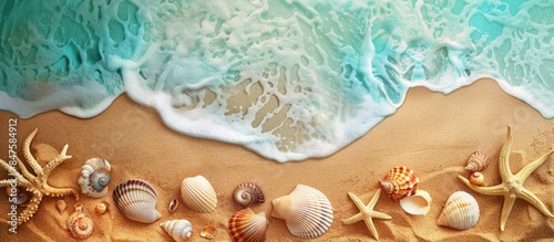 Seashore View from Above: Sunny Summer Scene with Sand, Shells, and Sea Coast