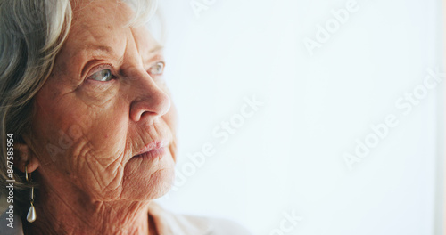 Senior, woman or thinking of memory in retirement with remember, nostalgia or alzheimer in nursing home. Elderly person, thoughtful or reflection with wondering, contemplating or question with mockup