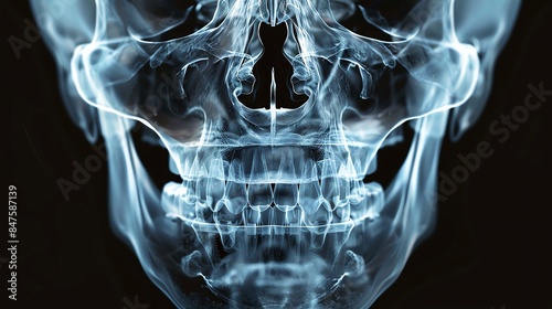 Xray image of human nasal bones, detailed view, black background