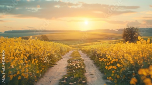 Vibrant rapeseed field with a charming rural road, flowers stretching to the horizon, peaceful countryside, soft sunlight