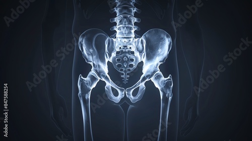 Xray of human pelvic girdle, showcasing hip structure, clinical setting