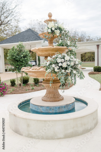 Wedding florals on gold fountain
