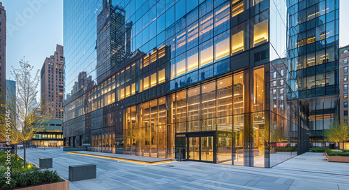 A sleek glass skyscraper in the heart of New York City's corporate district with a large outdoor plaza surrounded by modern office buildings