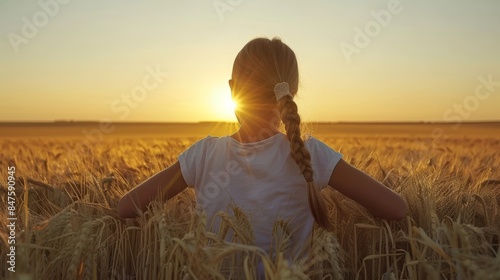 Child with braided hair standing in wheat field at sunset