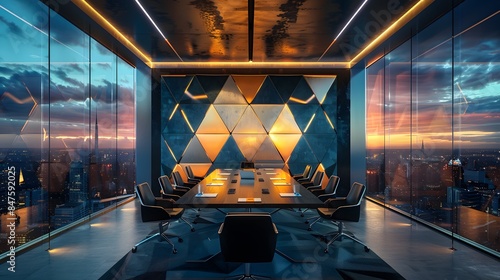 A modern conference room with triangular glass panels on the wall, showcasing geometric shapes and sharp angles. the sleek black furniture around an elegant wooden table.