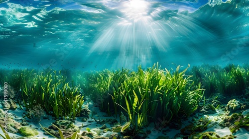 A panoramic view of the underwater landscape, showcasing an expansive seagrass bed with sunlight filtering through clear water.