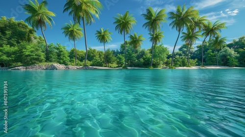 A serene tropical lagoon with crystal-clear turquoise water and lush green palm trees, under a clear blue sky