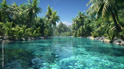 A serene tropical lagoon with crystal-clear turquoise water and lush green palm trees, under a clear blue sky