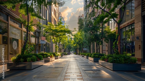 A wide street with trees and plants along the sides of buildings, in a commercial downtown office district, with modern urban architecture and daytime lighting.